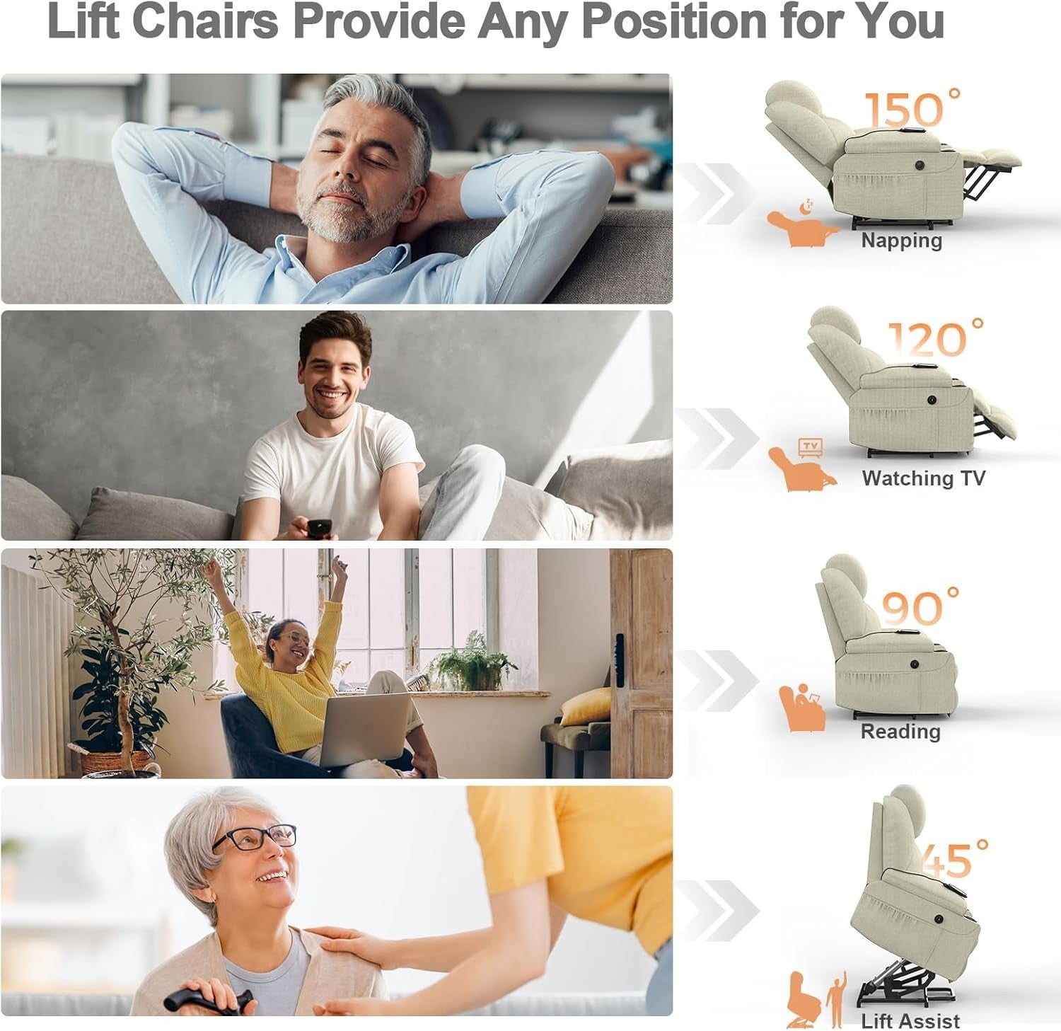 Power Lift Recliner Chair Massage Heat USB Type-C Cup Holders Fabric Beige
