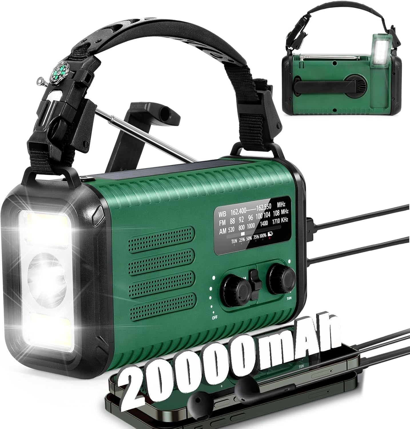 Emergency Solar Hand Crank Radio 20000mAh AM/FM/NOAA Army Green