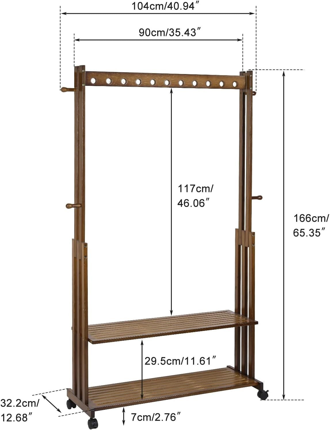 Bamboo Clothes Rack Stand on Wheels – Open Wardrobe with Shelves 90cm