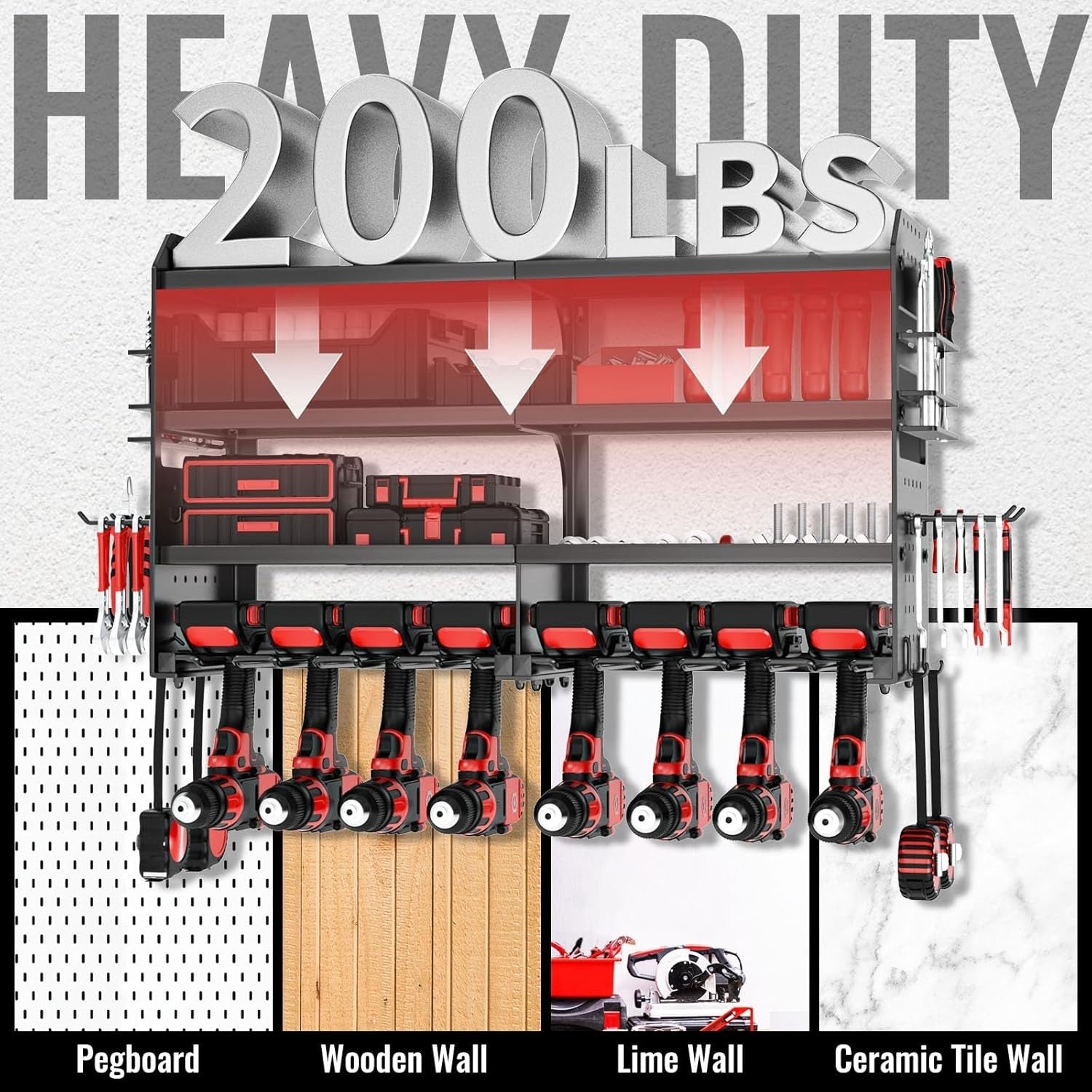 Wall-Mounted Power Tool Rack 4-Tier Screwdriver Holder Black Metal
