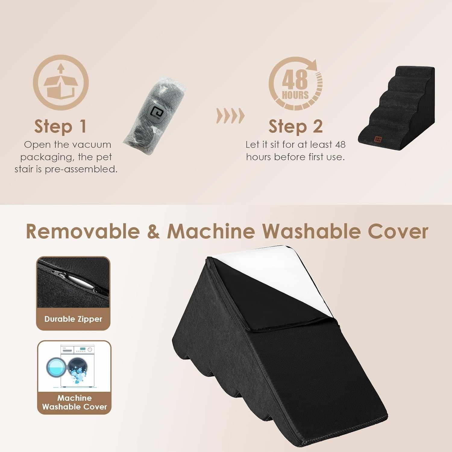 2 Step Dog Stairs for Sofa Non Slip Foam Pet Steps Washable Black