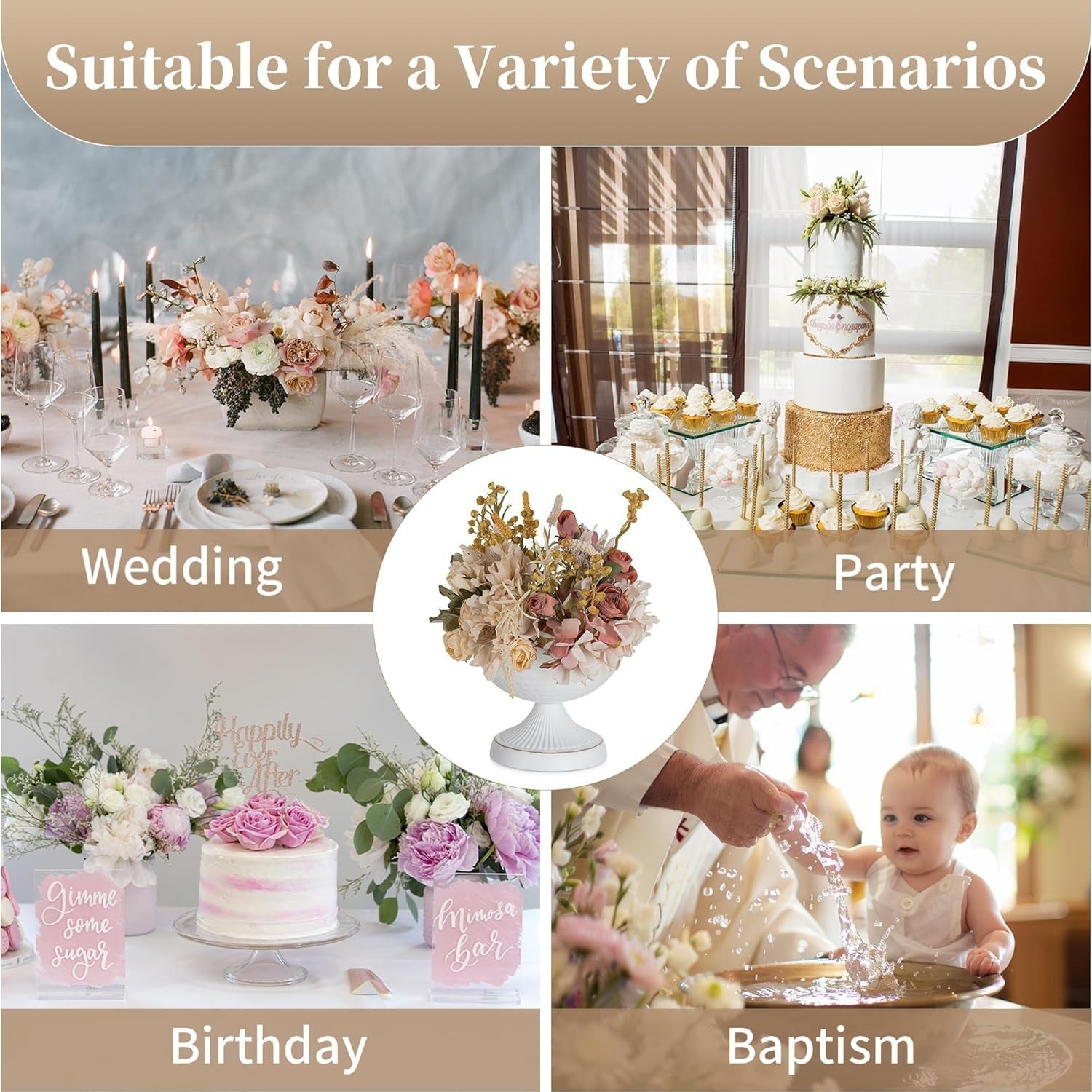 White Metal Urn Vase Set of 10 – Wedding Table Centrepiece 15cm Decor