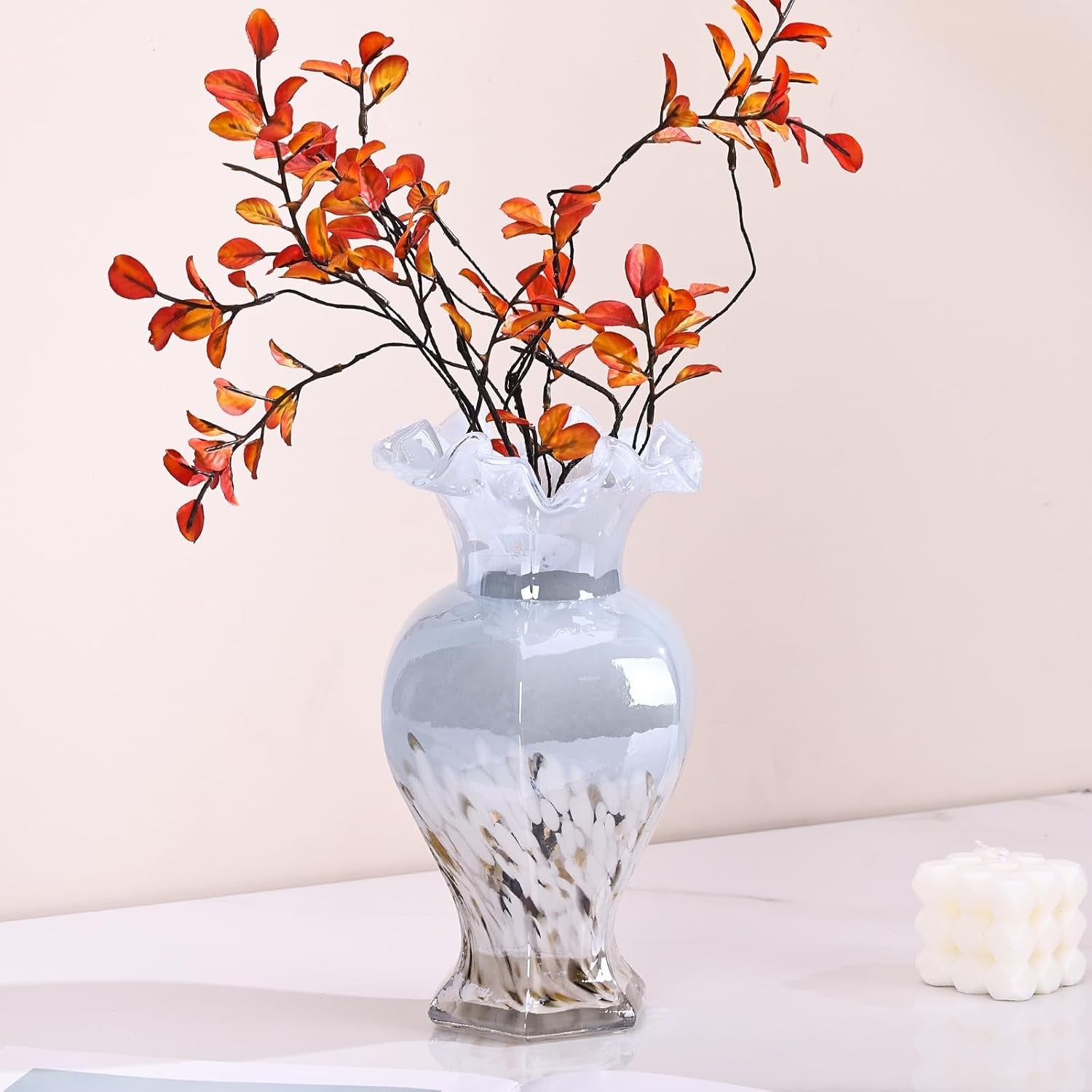 Hand Blown Blue Glass Vase 24cm Tall Art Centerpiece Table Decor