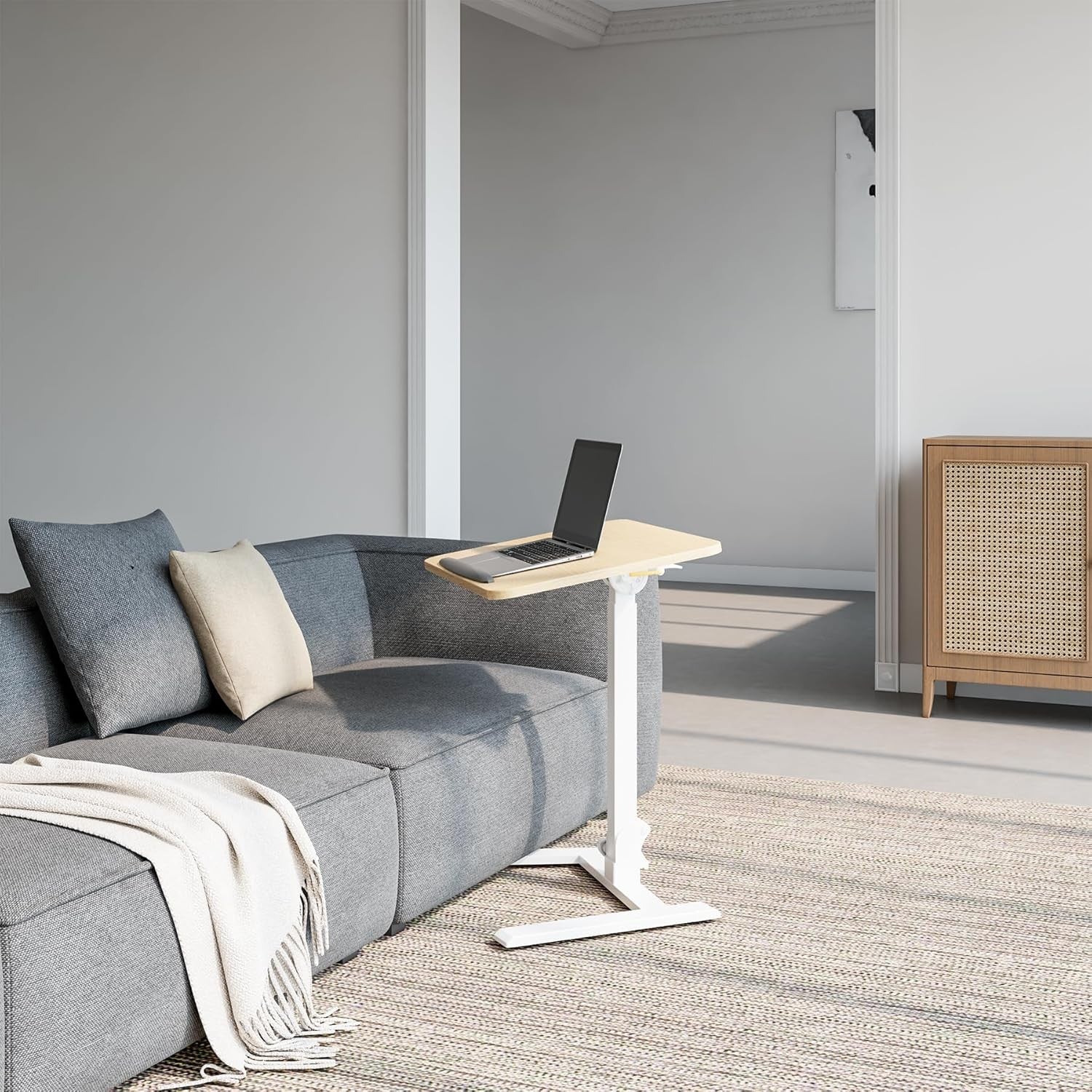 Beige Mobile Folding Desk with Wheels Height Adjustable Sit Stand Table