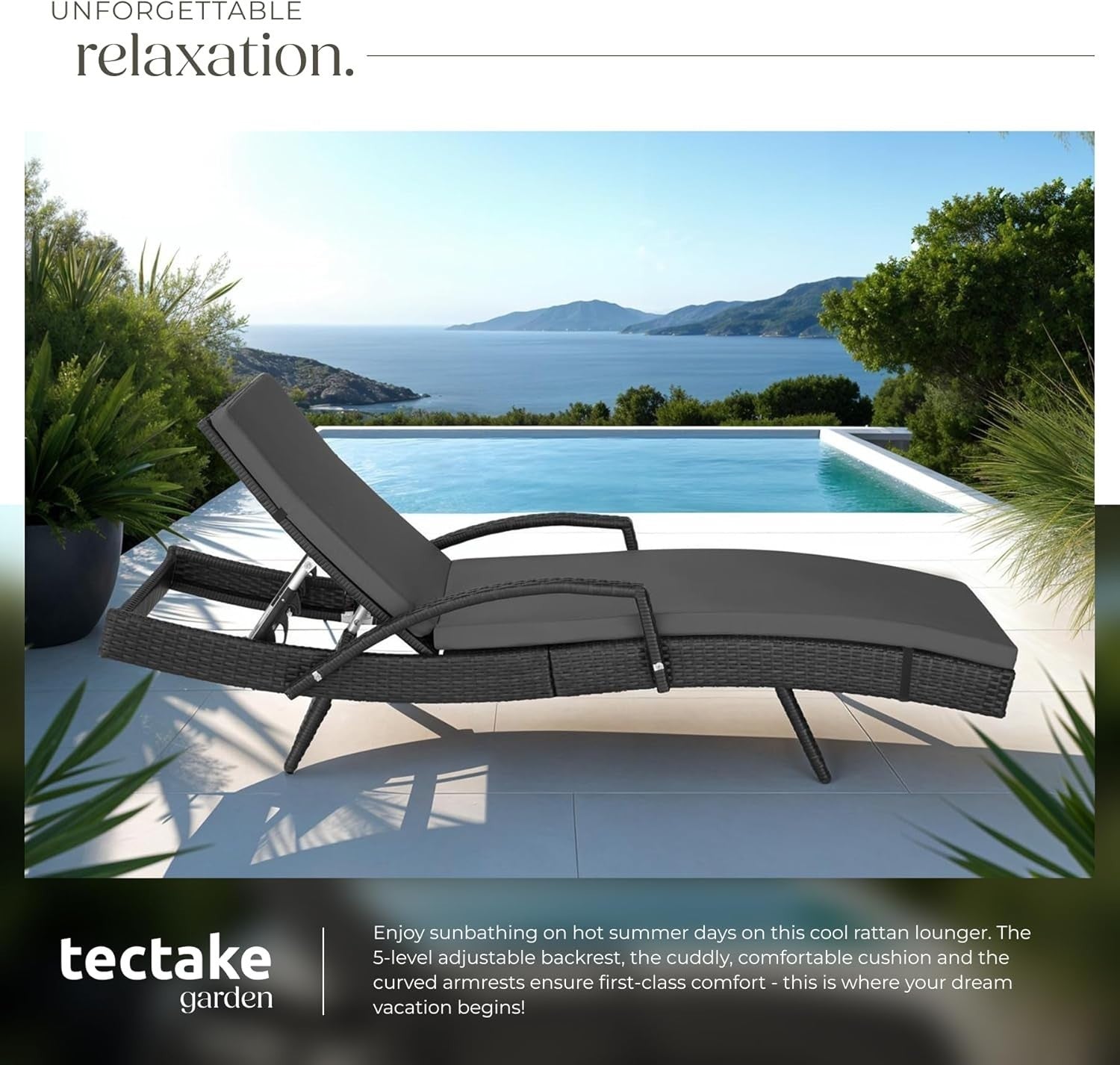 Rattan Sun Lounger 5-Position Recliner Chair Garden Bed Cushioned Weatherproof