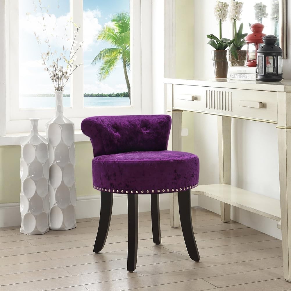 Dark Purple Ice Velvet Dressing Table Stool Low Back Wood Legs Footstool