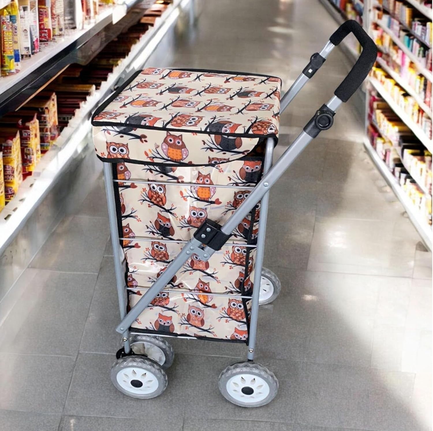 Foldable 6-Wheel Shopping Trolley 60L Lightweight Cart Beige Owl Print