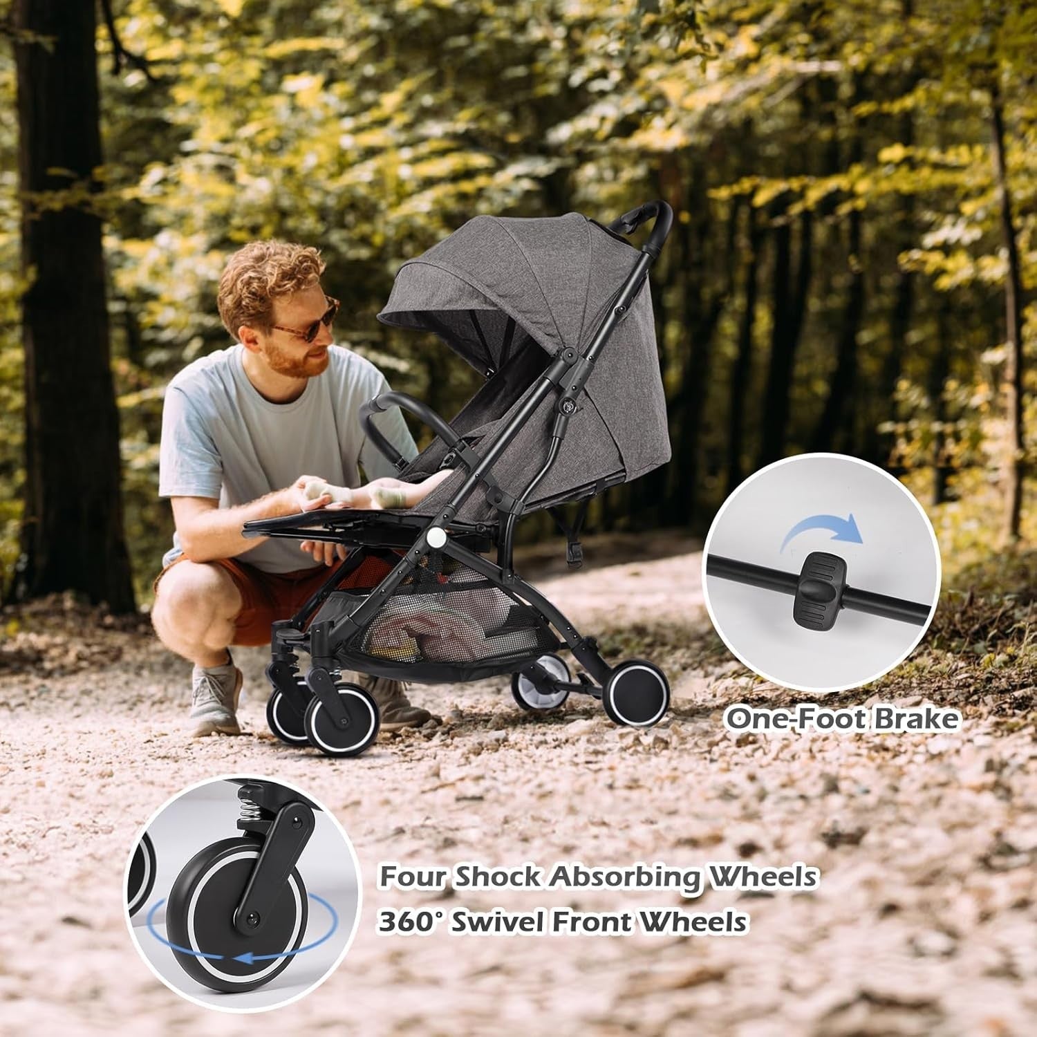 Lightweight Travel Pushchair Buggy One-Hand Fold Newborn–3Y 15kg Dark Grey