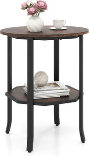 Rustic Brown Round Side Table | 2-Tier Industrial Sofa End Table with Shelf 50×6