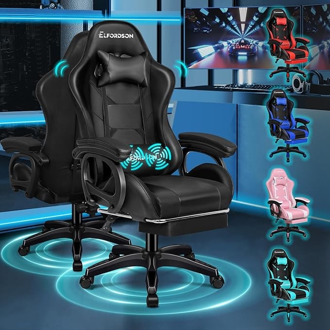 ELFORDSON Gaming Chair w/ 2-Point Massage Lumbar Black