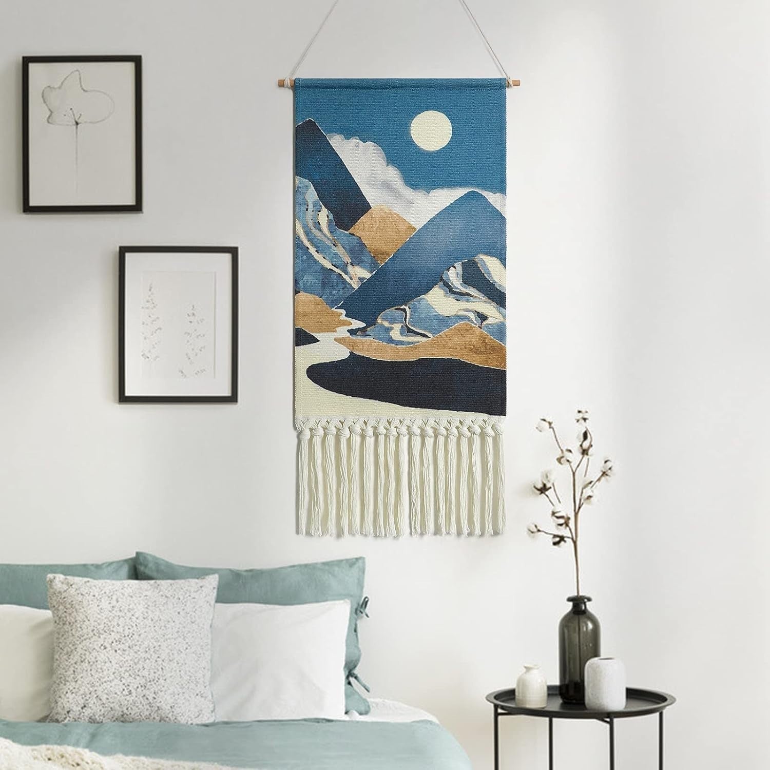 Boho Macrame Wall Hanging Moon Sun Mountain Woven Decor Blue