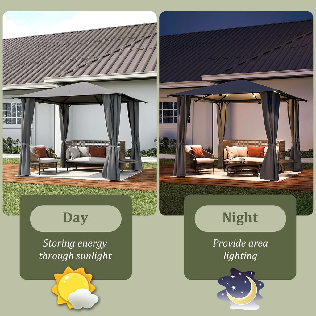 3x3M Metal Gazebo With Solar LED Lights & Curtains Outdoor Garden Patio Canopy