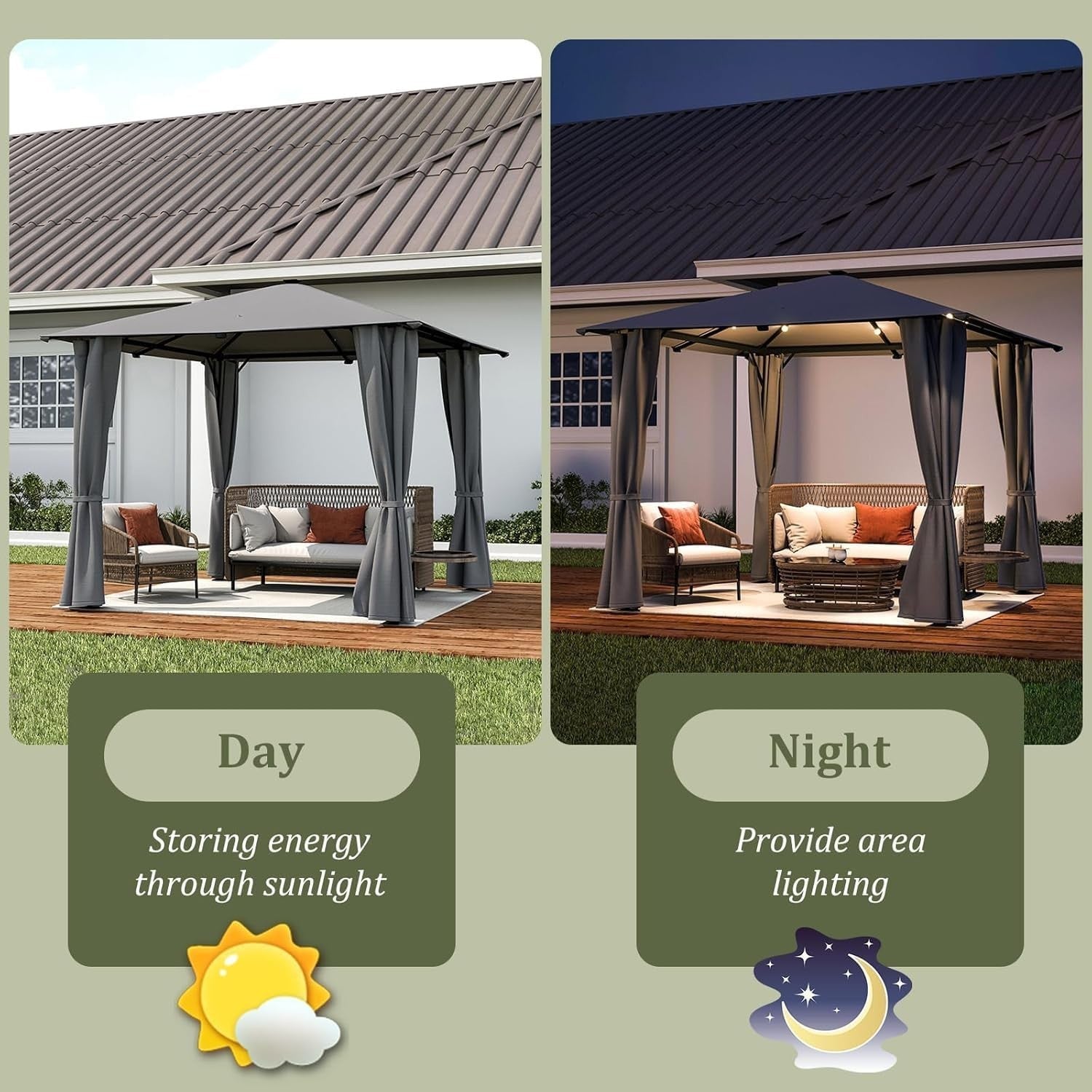 3x3M Metal Gazebo With Solar LED Lights & Curtains Outdoor Garden Patio Canopy