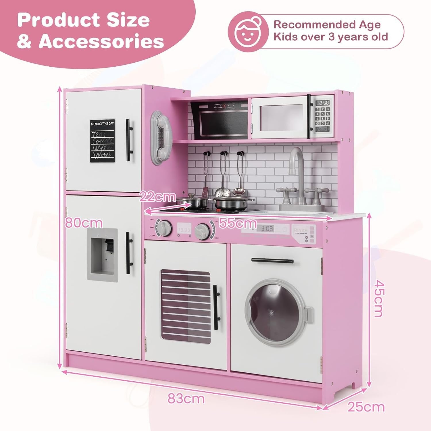 Kids Wooden Play Kitchen Set w/ Lights Sounds Oven Microwave Pink
