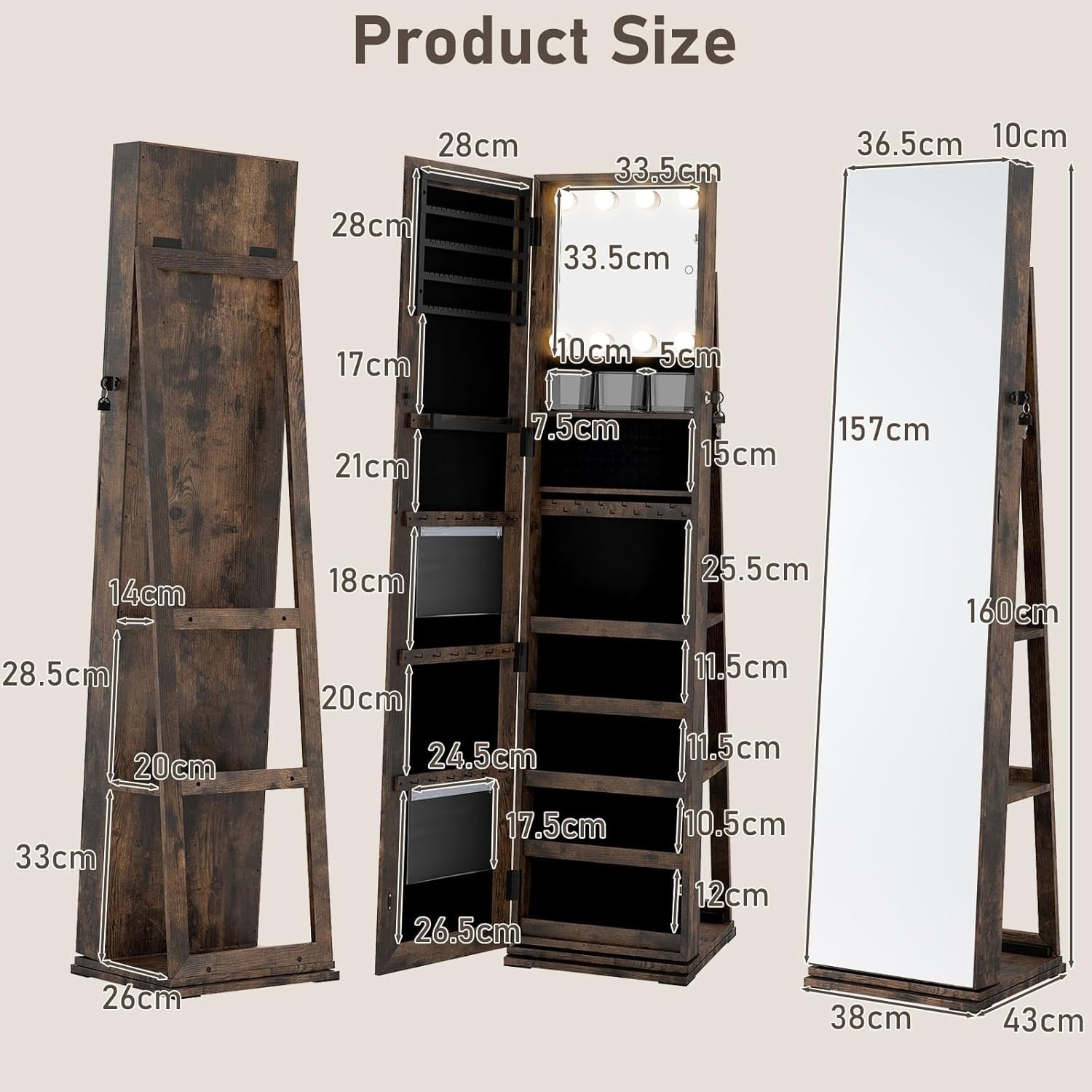 Rustic Brown Swivel Jewelry Cabinet LED Makeup Mirror Lockable Storage