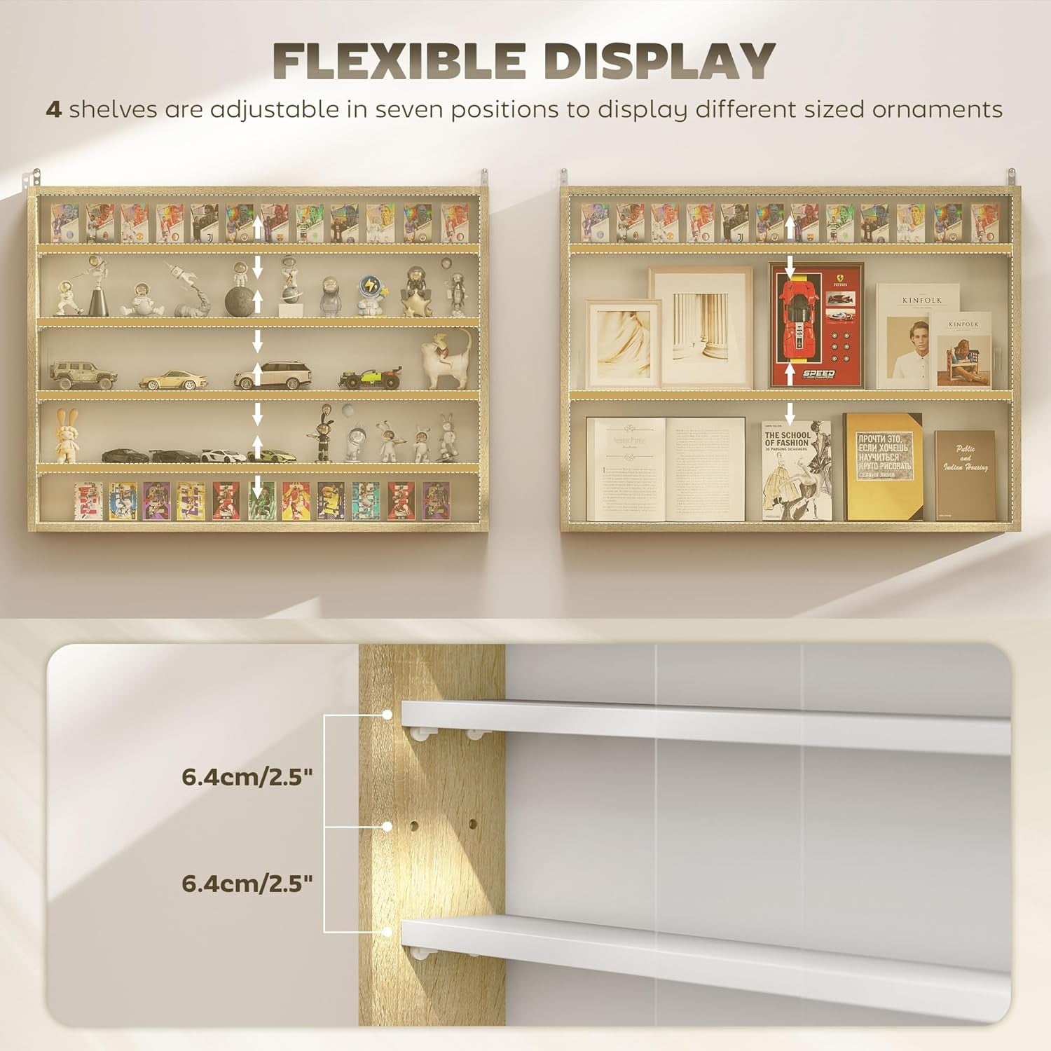 5-Tier Natural Wood Display Cabinet | Wall-Mounted Glass Sliding Door Shelf 60×8