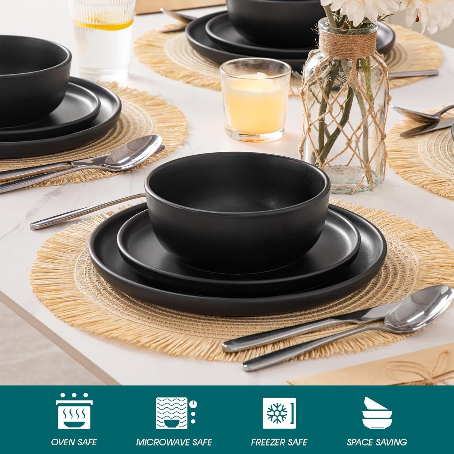 12pc Black Dinner Set Matte Glaze Plates Bowls Modern Microwave Safe