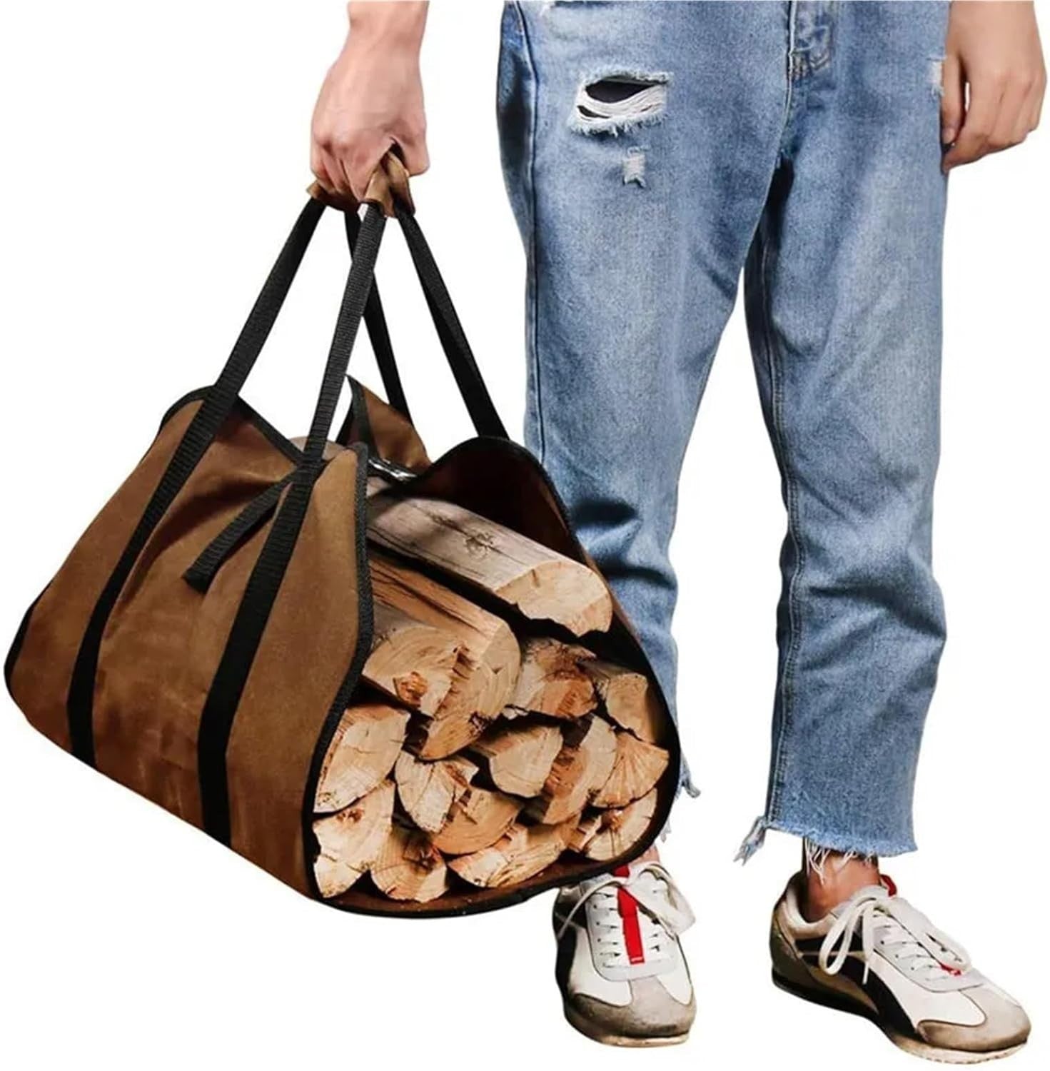 Heavy-Duty Canvas Firewood Carrier Bag with Handles & Strap - Brown,600D