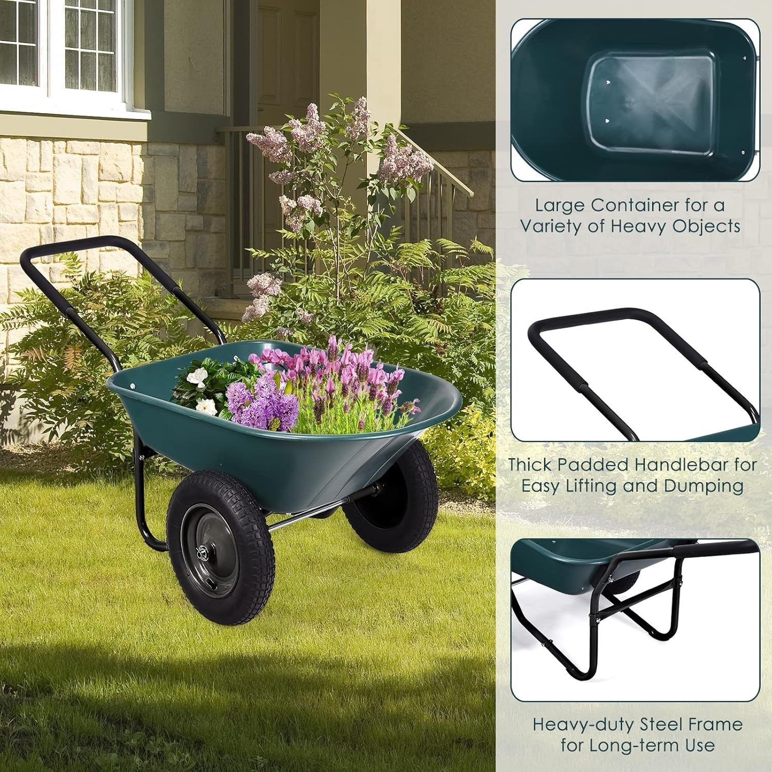150kg 2-Wheel Garden Green Wheelbarrow – Pneumatic Tyres Heavy Duty Steel Frame