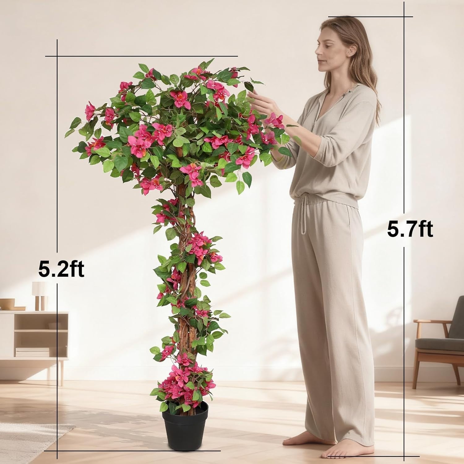 160cm Pink Bougainvillea Tree in Cement Pot Faux Flowers Indoor Outdoor Decor