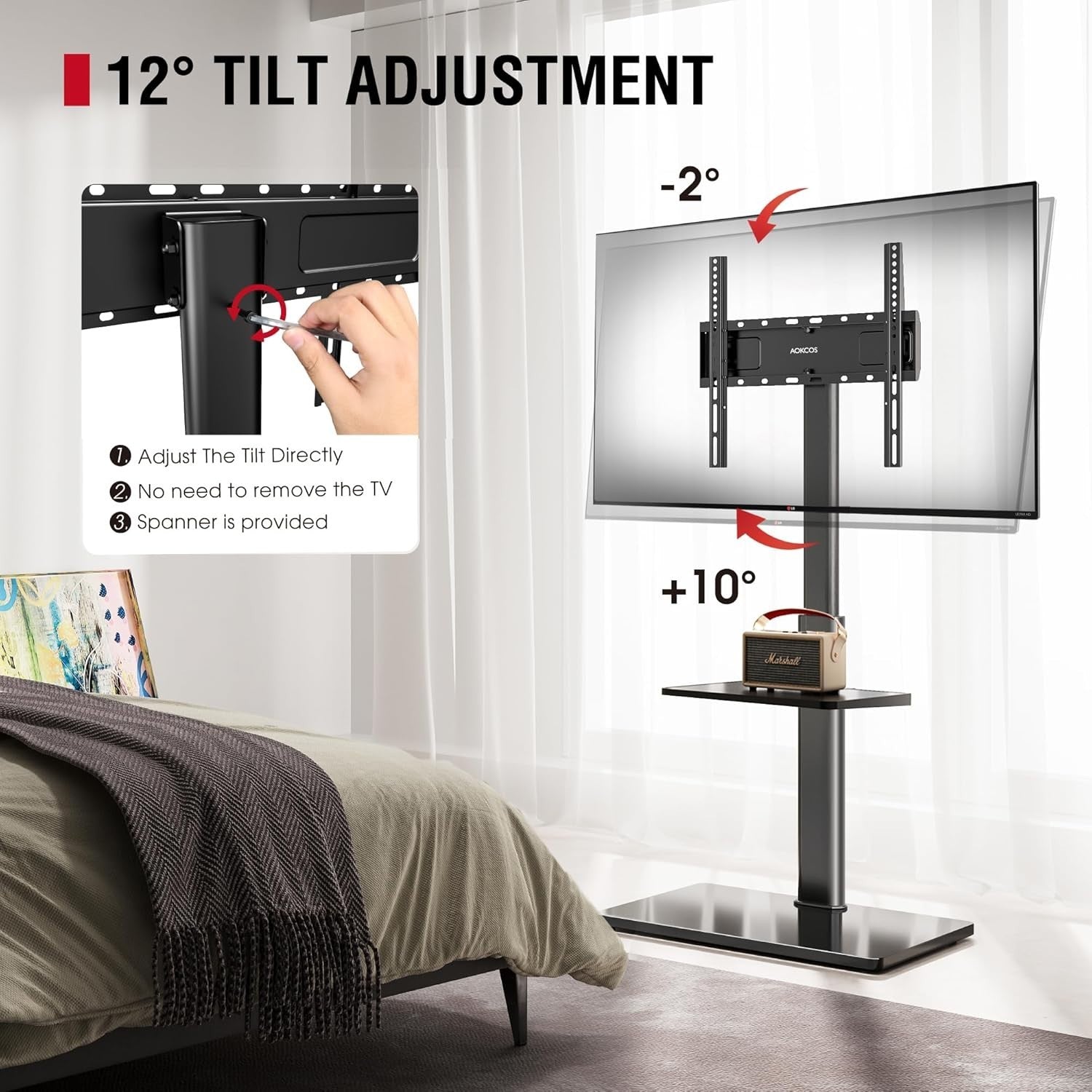 TV Floor Stand 32–70” with Shelf, Tilt & Swivel, Height Adjustable, VESA