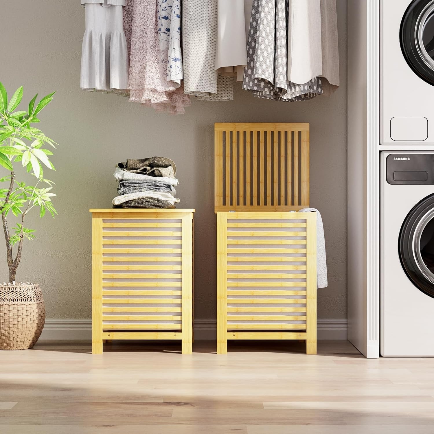 Natural Bamboo Double Laundry Hamper with Lid 120L 2 Section Basket 47x47x65cm