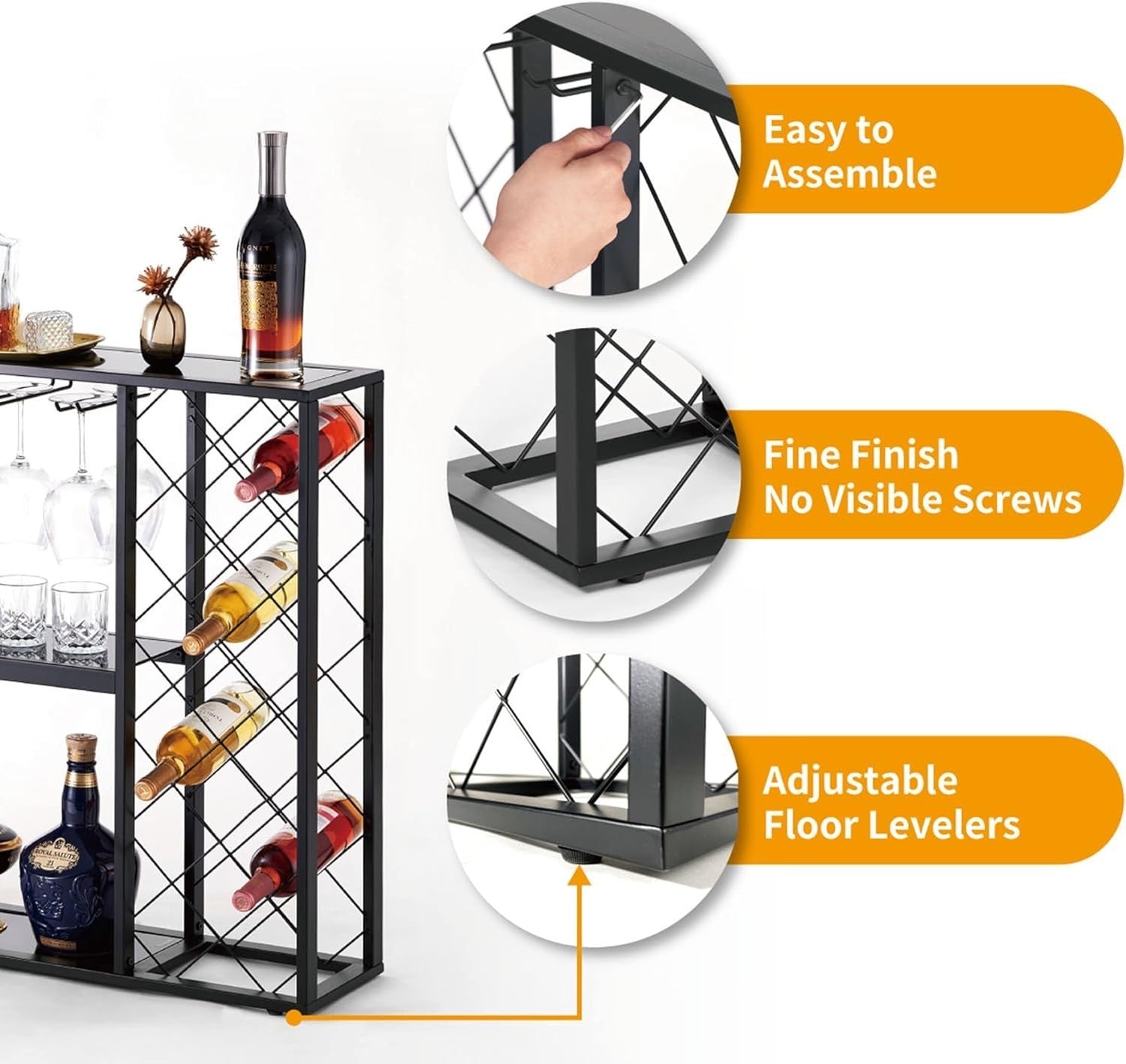 34 Bottle Wine Rack with Glass Top Table Shelf Metal Free Standing Storage Bar