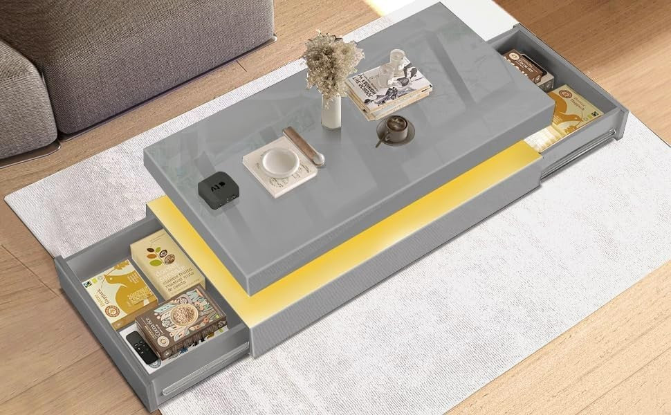 Grey High Gloss Coffee Table with LED Lights & 2 Drawers | 94cm Storage