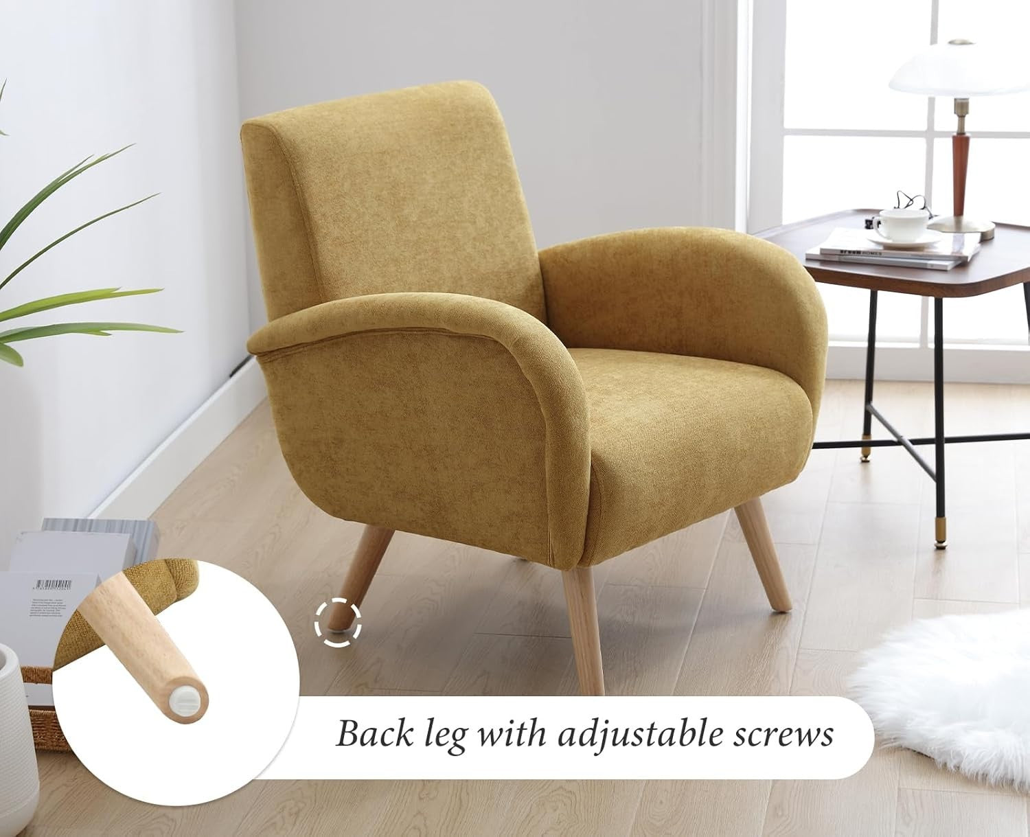 Yellow Chenille Accent Armchair High Back Lounge Chair Wooden Legs Modern