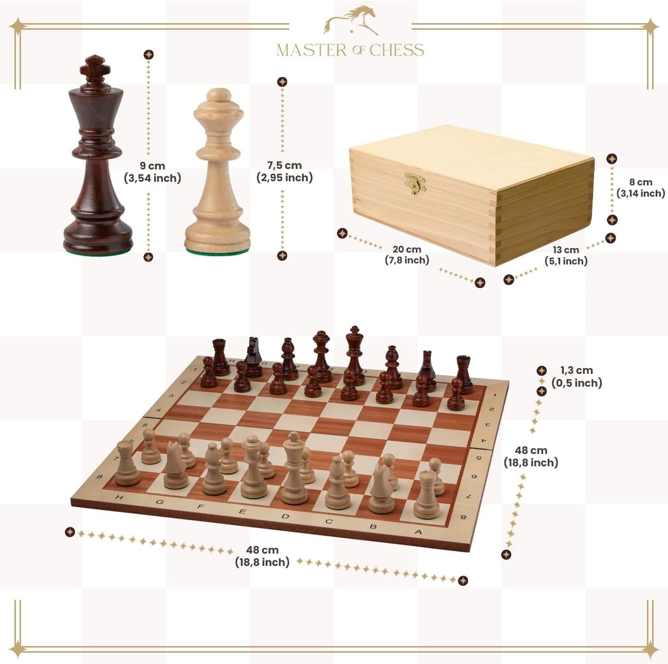 48cm Wooden Inlaid Chess Set – Sycamore Board & Weighted Staunton Pieces