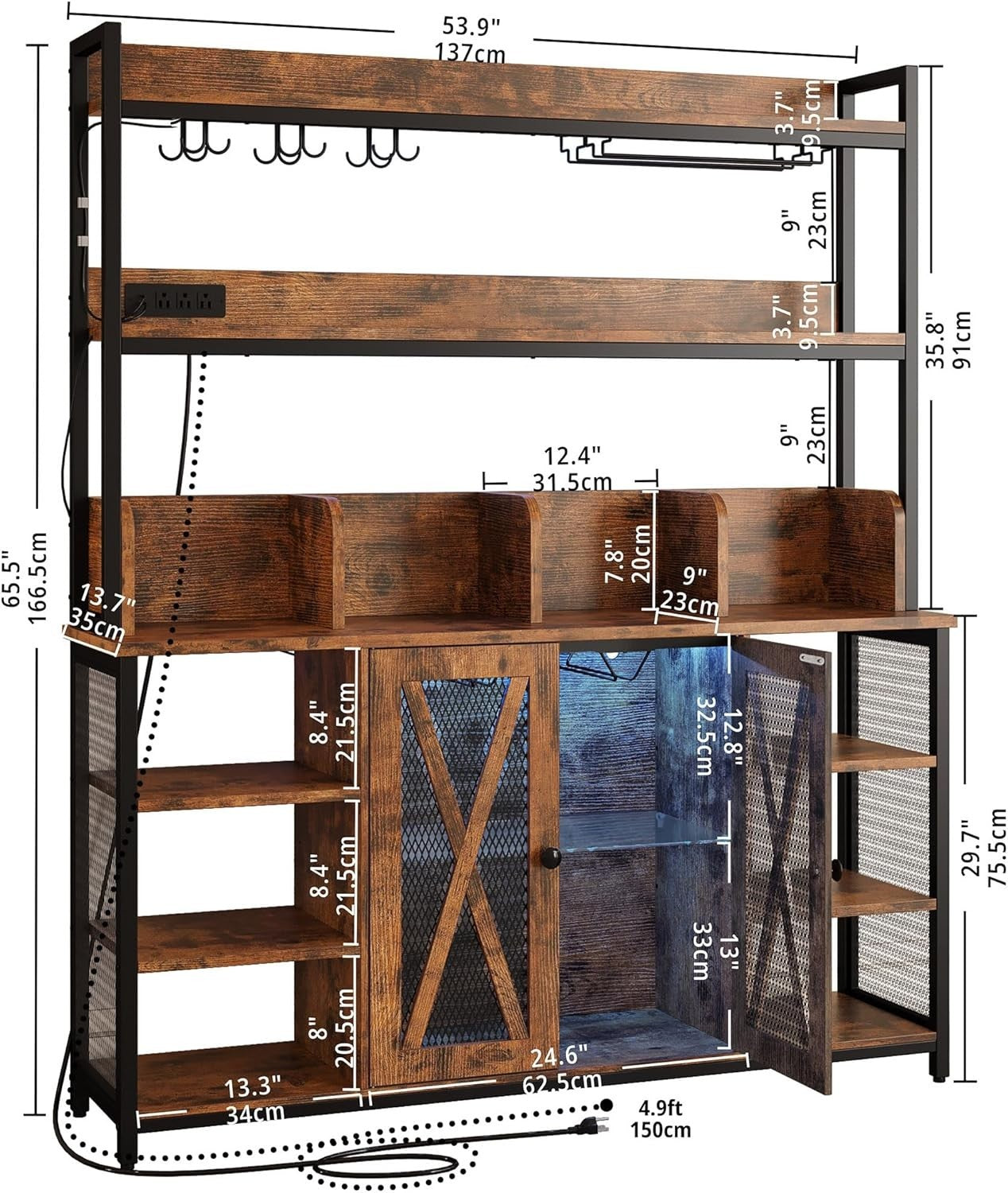 Industrial Bar Cabinet with LED Lights & Glass Rack, Large Buffet Storage Unit