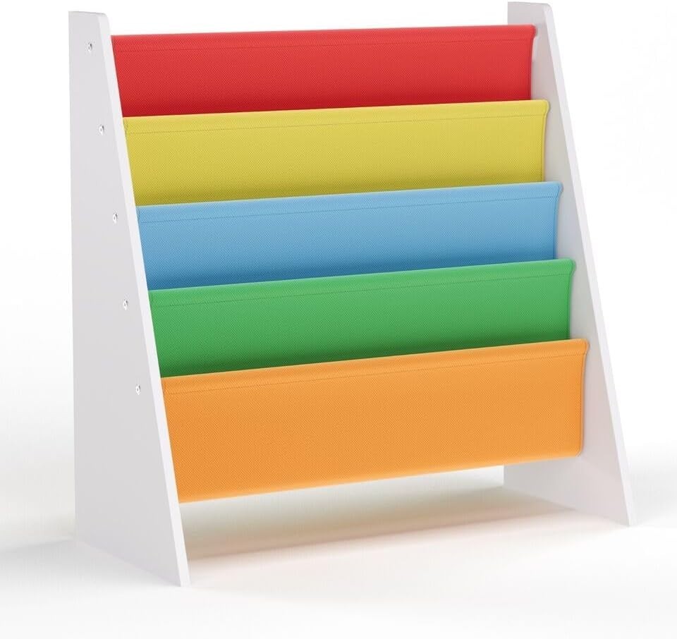 Kids 4 Tier Sling Bookshelf MDF & Fabric Book Storage Rack Multicoloured