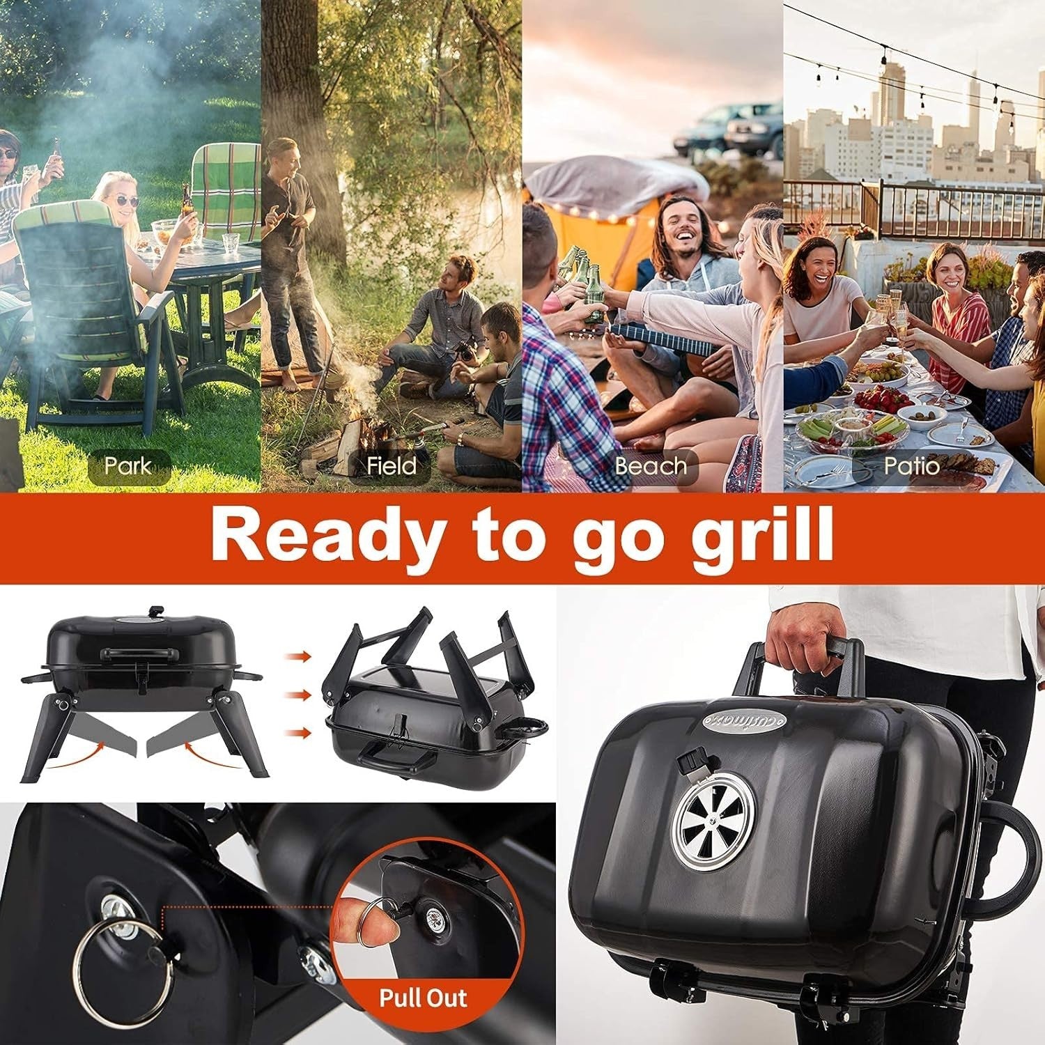 Portable Charcoal BBQ Grill with Lid & Folding Legs | Tabletop Outdoor Smoker