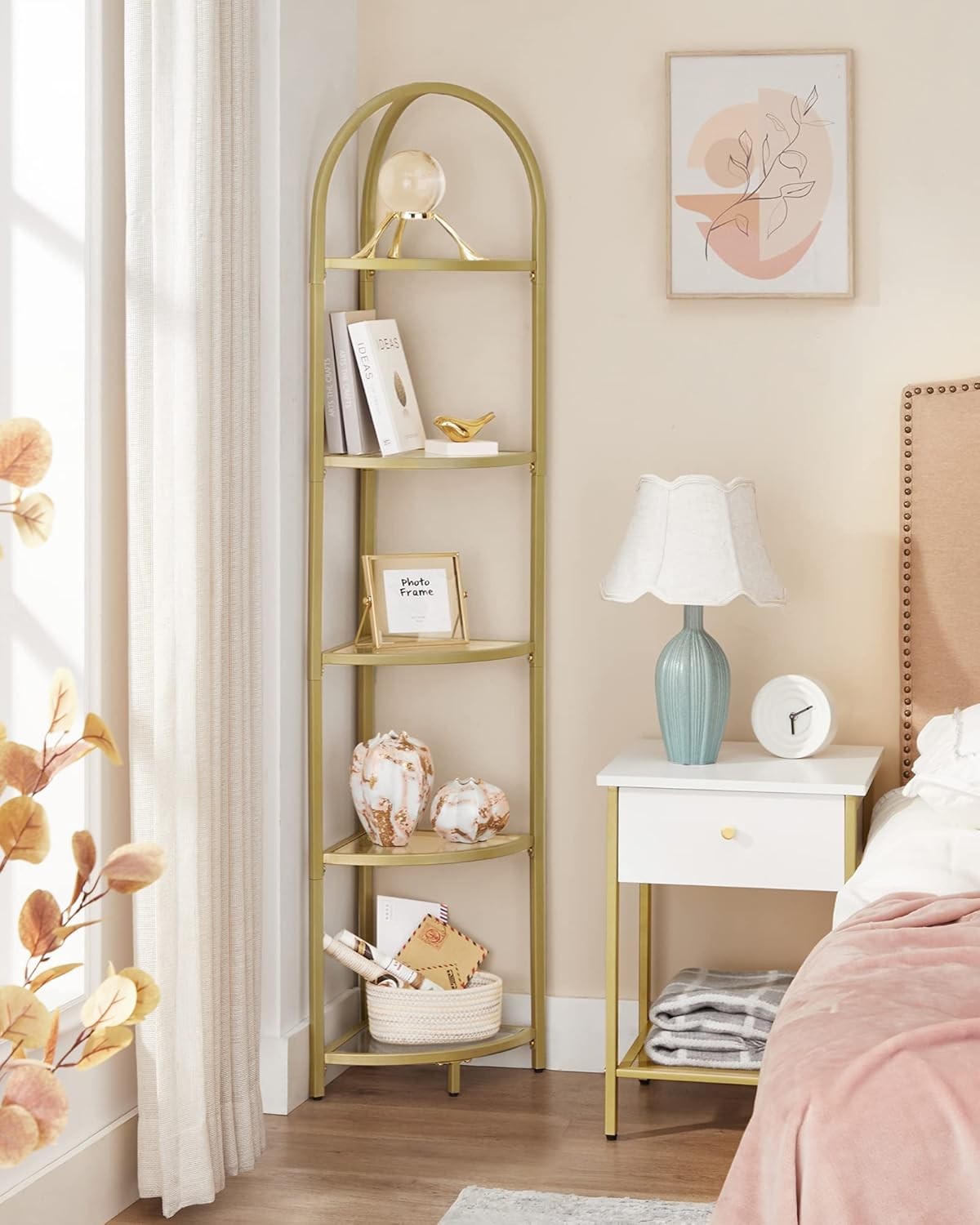 5-Tier Gold Corner Shelf Tower Modern Glass Display Unit for Living Spaces