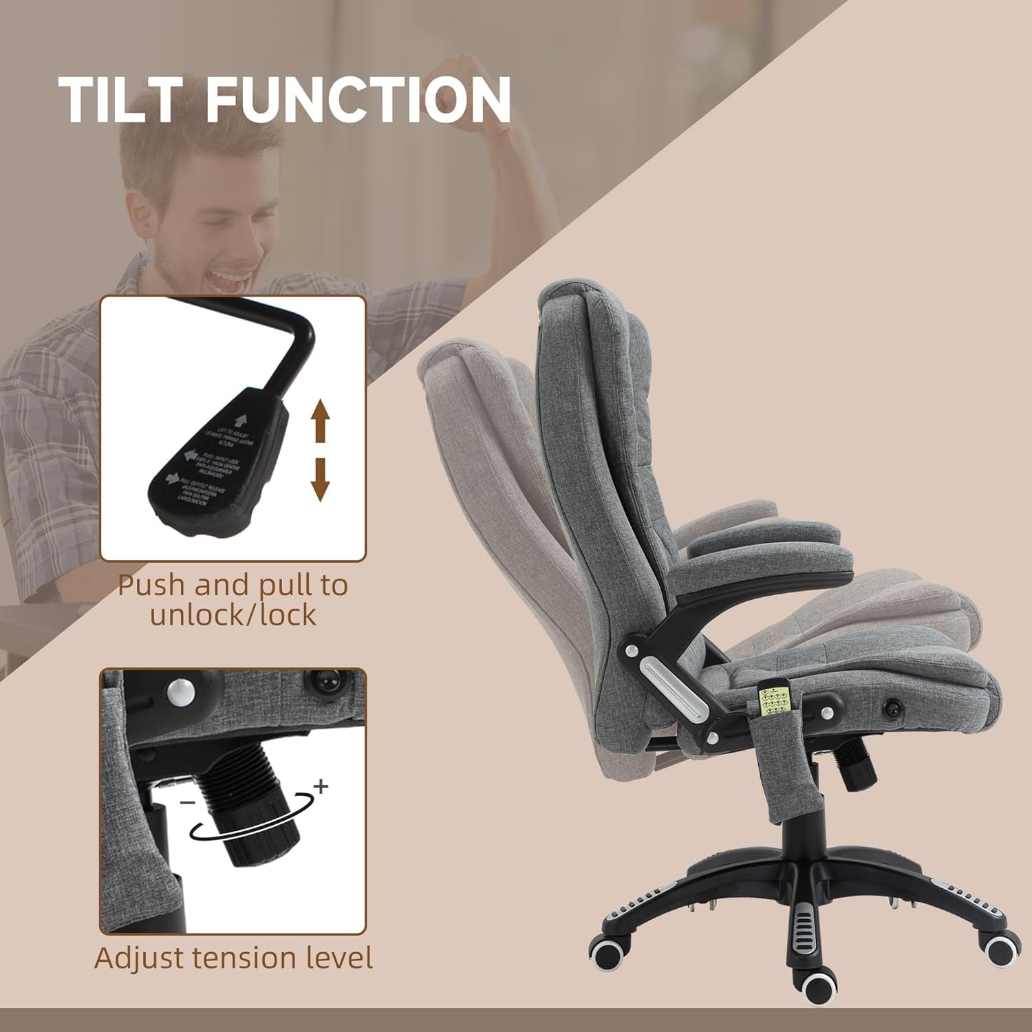 Heated Massage Office Chair 6 Point High Back Linen Grey