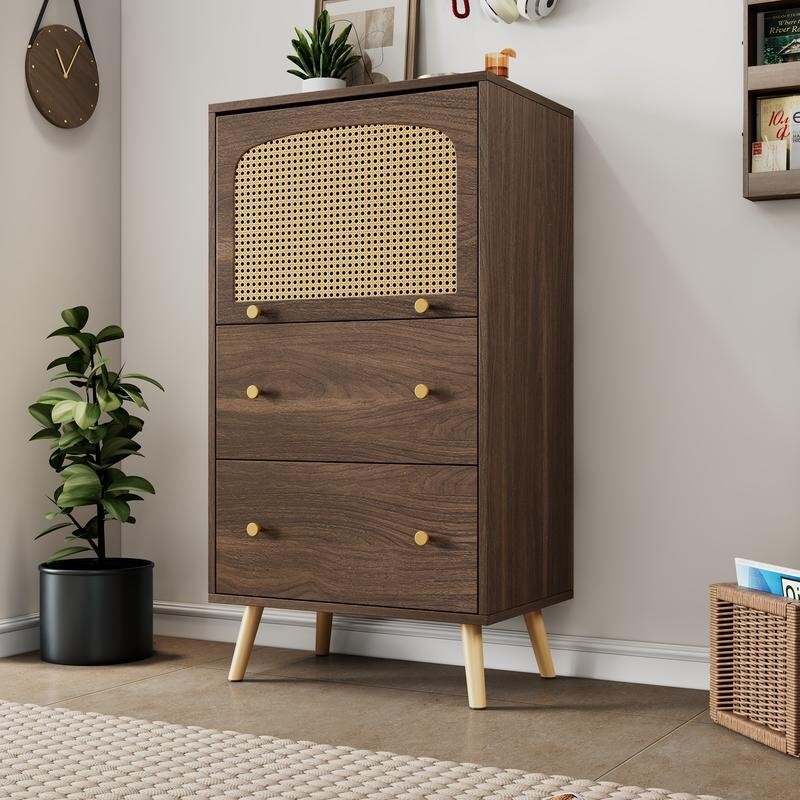 Rattan Drawer Cabinet Sideboard with Flip Door Storage Unit Bedroom 113cm