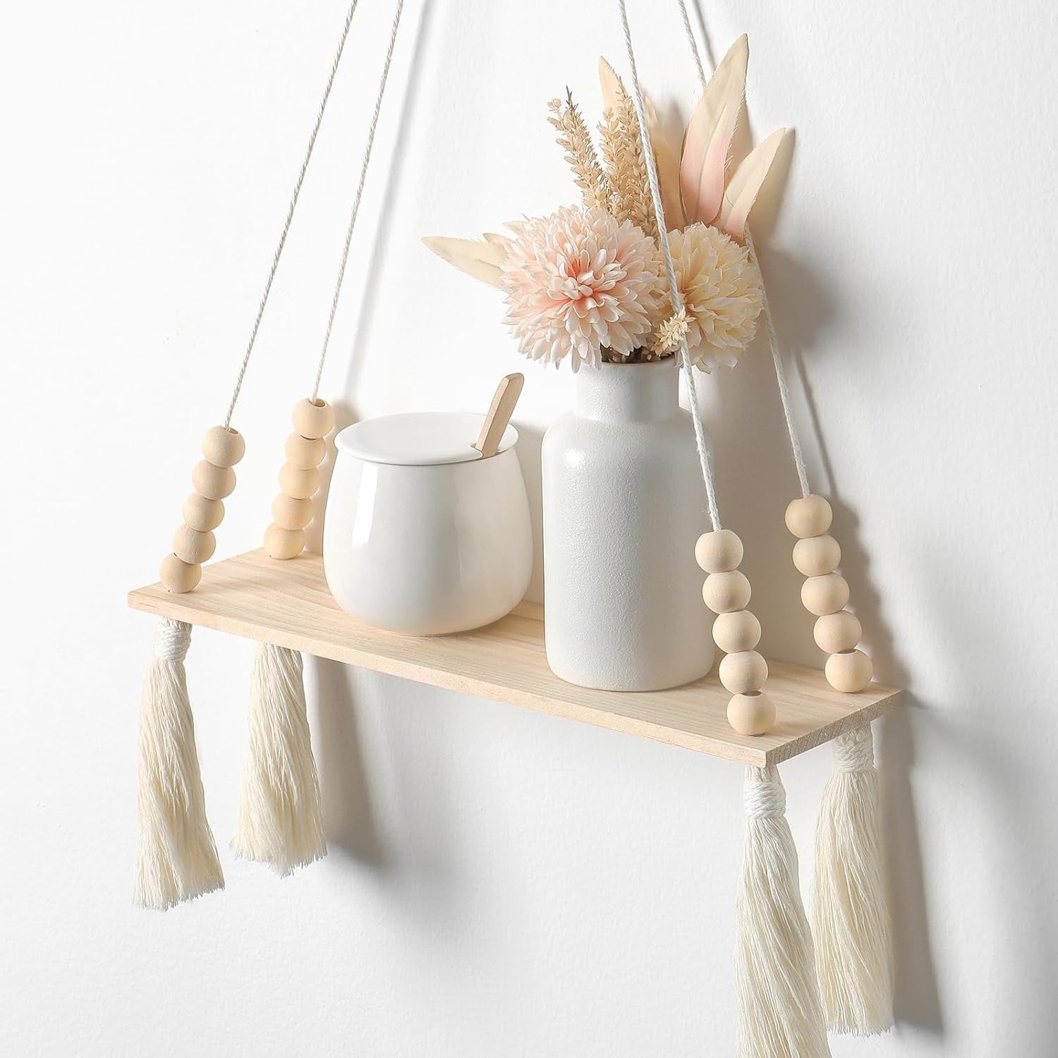 Boho Macrame Hanging Shelves Set of 2 Rustic Wooden Wall Decor