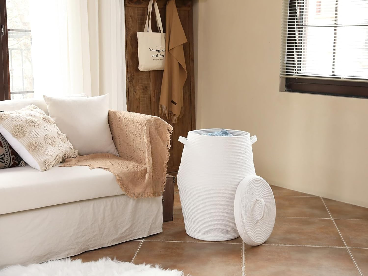 XL 26" White Cotton Rope Laundry Basket with Lid Large Woven Hamper Storage Bin