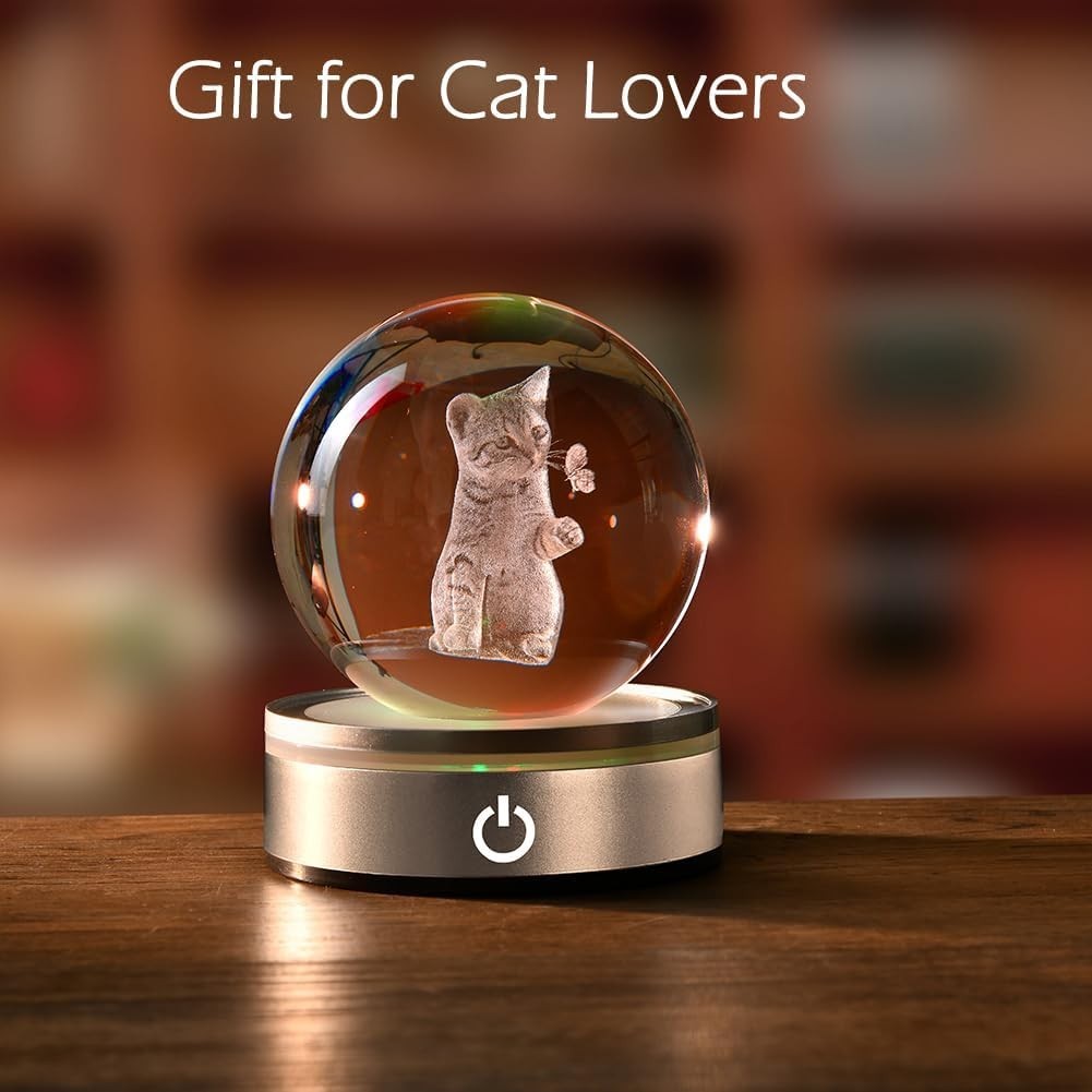 3D Cat Crystal Ball LED Light • Engraved Kitten with Butterfly Ornament