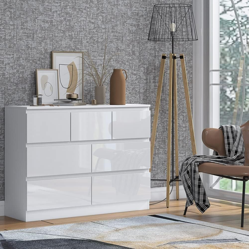 White Gloss 7 Drawer Chest Cabinet Modern Bedroom Storage Dresser