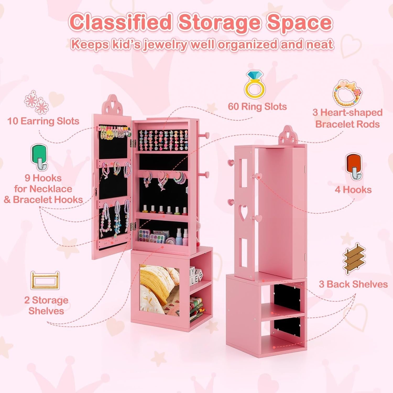 Kids Jewelry Armoire Mirror Vanity Dress Up Organizer with Clothes Rack