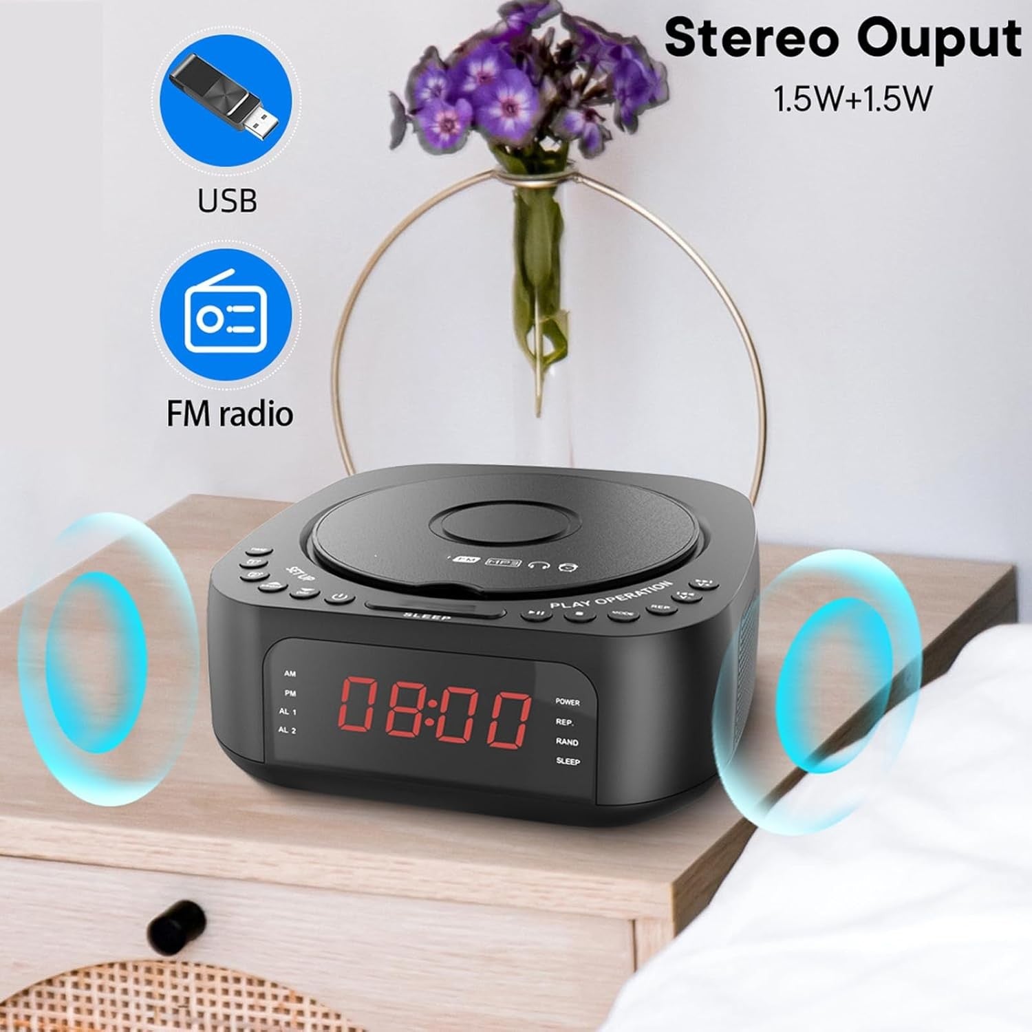 CD Player Alarm Clock with Remote Portable Sleep Timer LED Display Loud Alarm
