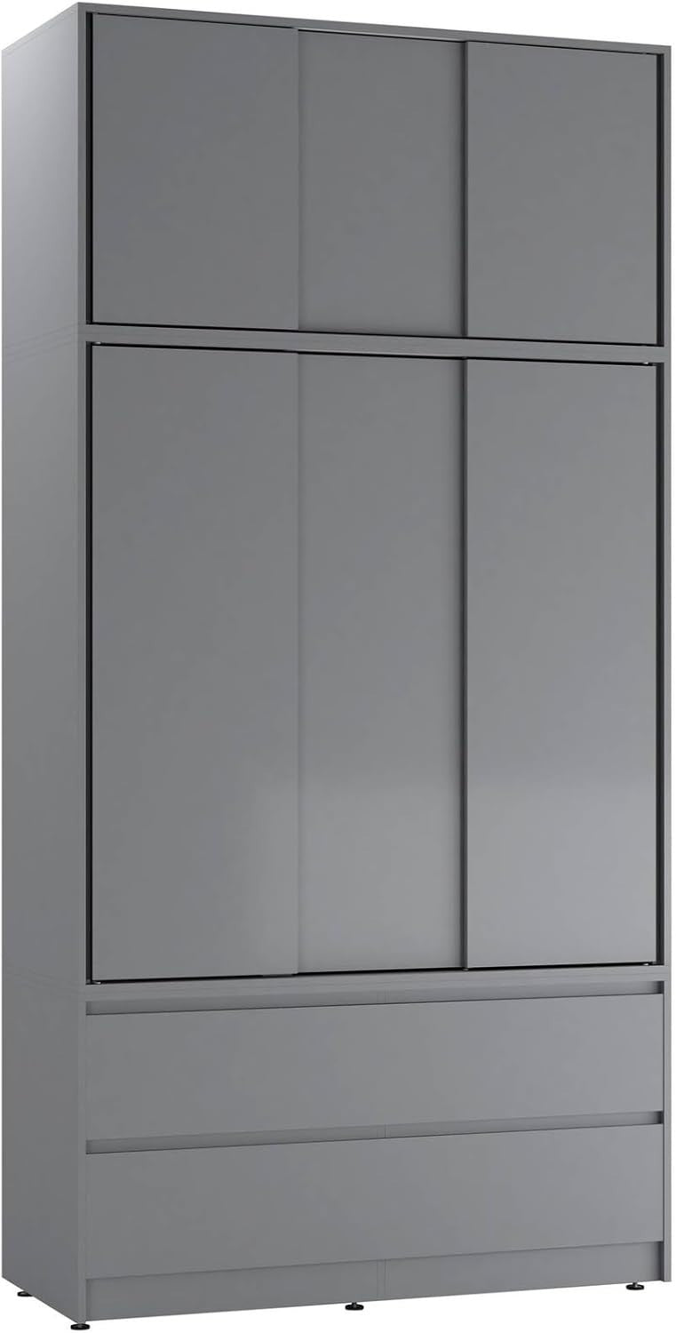 Grey Sliding Wardrobe 240cm 6 Doors 4 Drawers Bedroom Closet Storage Unit