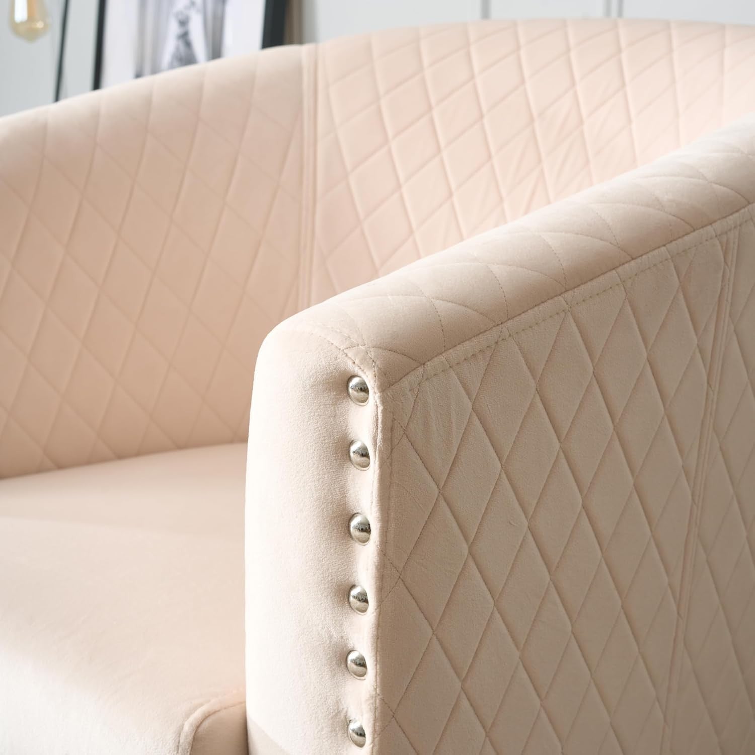 Beige Velvet Tub Chair Studded Accent Armchair Lounge Seat