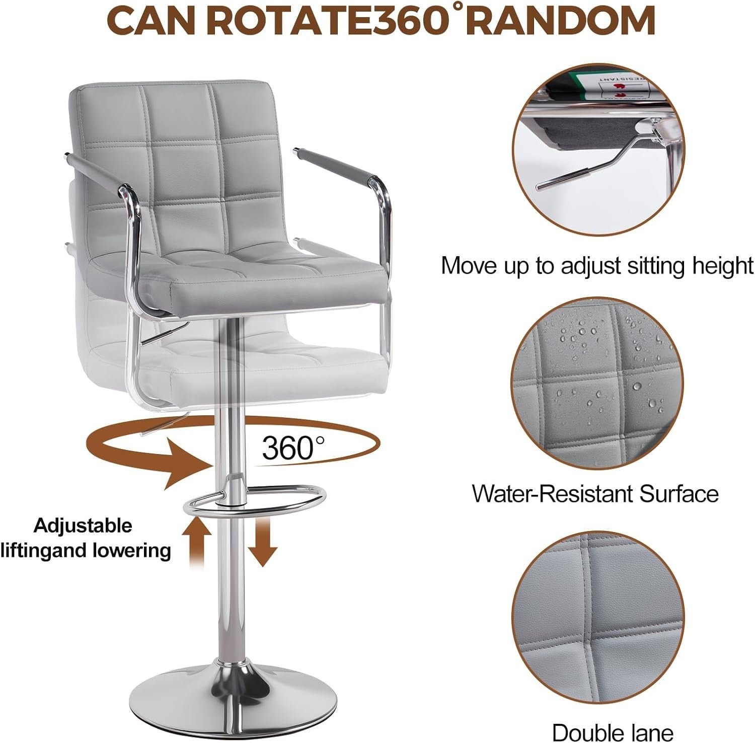 Grey PU Leather Bar Stool Adjustable Height 360° Swivel with Armrest