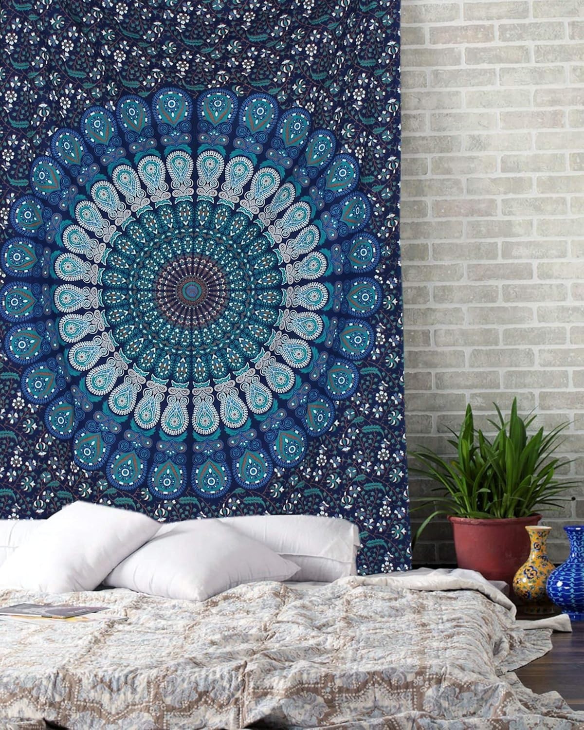 Blue Mandala Tapestry 54x82in Twin Boho Wall Hanging Cotton