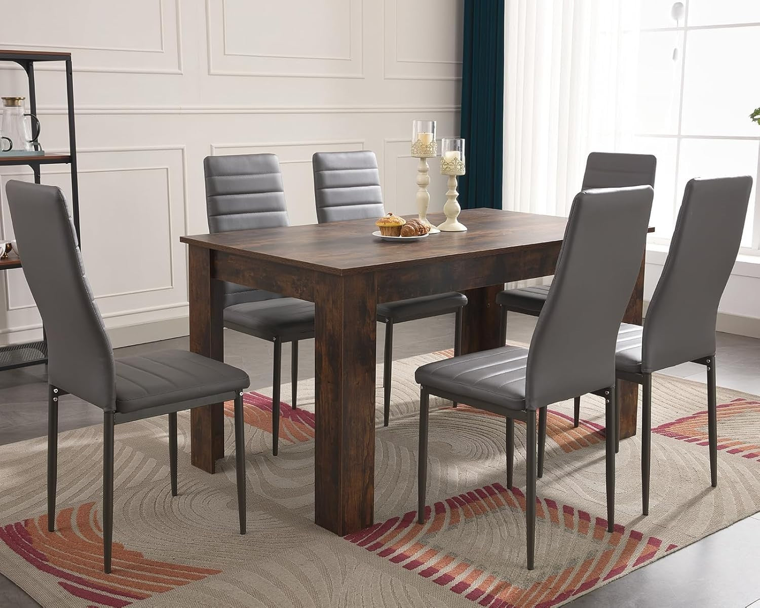 Rustic Dining Table Set 6 Chairs PU Leather Modern Wood 140x80cm