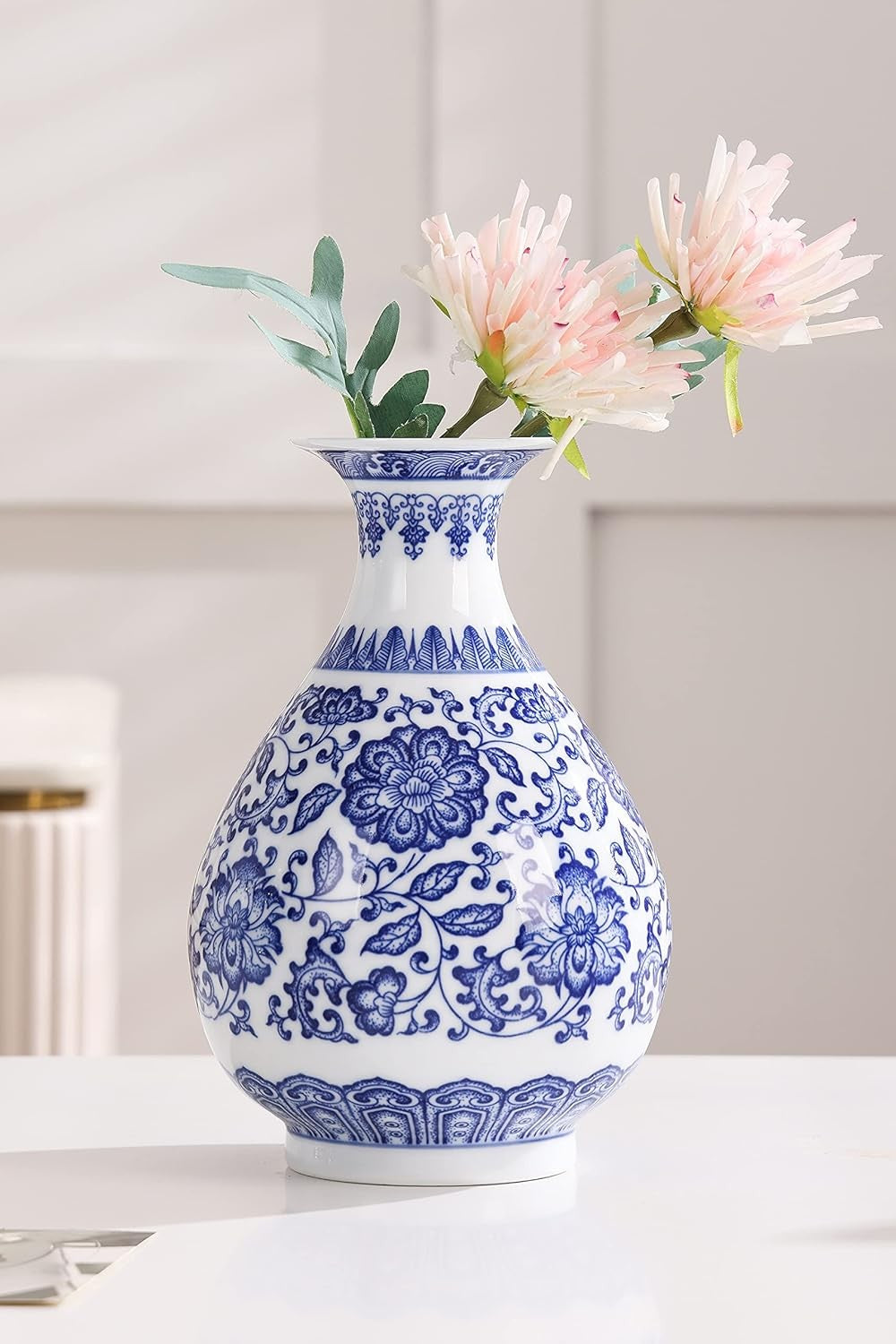 Blue White Chinoiserie Ceramic Vase 8in Glossy Floral Table Centerpiece