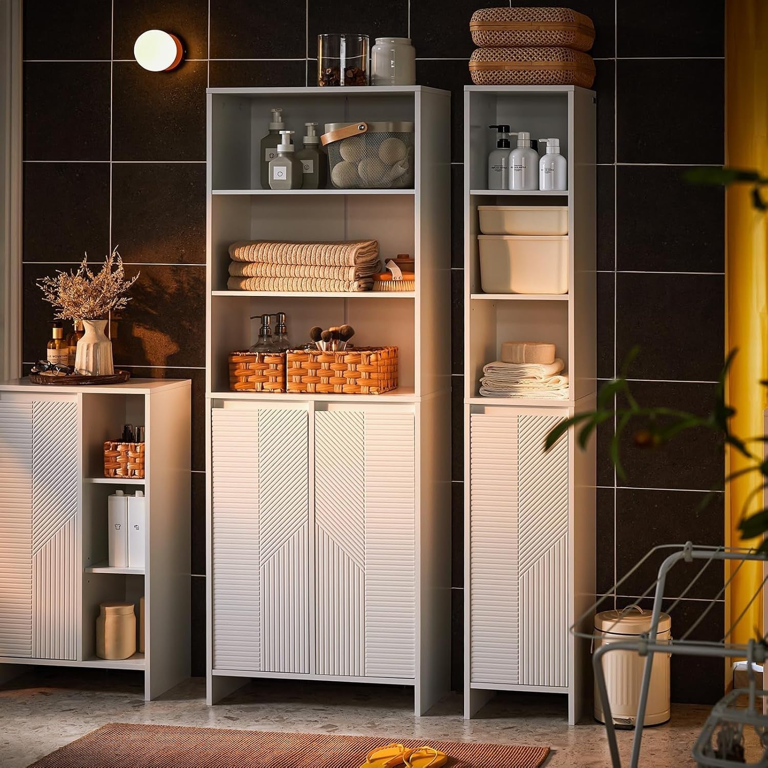 Tall Bathroom Storage Cabinet with Laundry Basket Slim White Unit Shelves 171cm