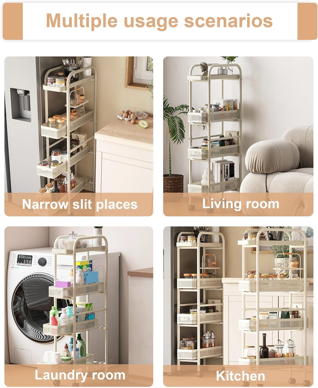 Slim Kitchen Storage Trolley 4 Tier Pull Out Drawers Narrow Cart on Wheels